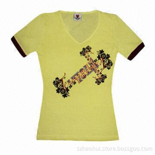 Women's Cotton V-neck Style Printed T-shirt with XS-3XL Sizes